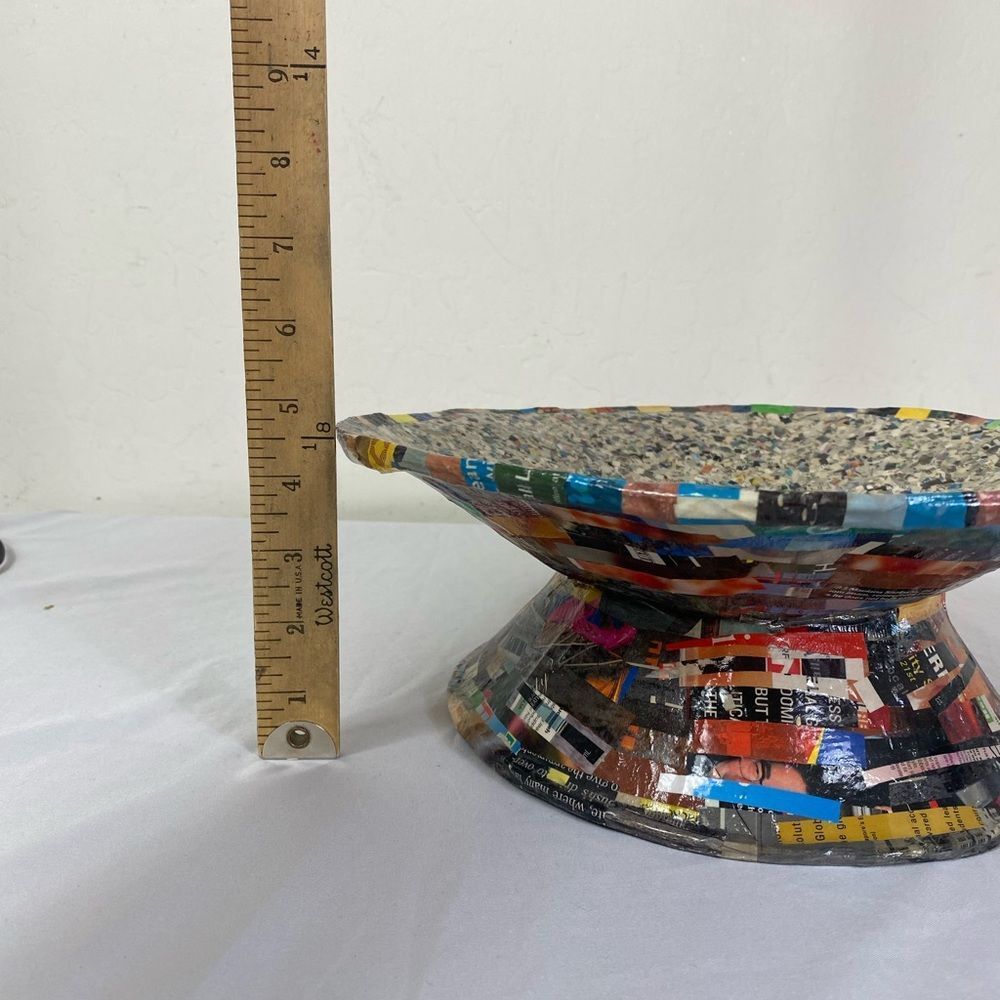 Recycled Multicolor Paper Pedestal Bowl - Eco Accent Retro Paper Machete - Picture 4 of 10